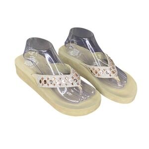 Yellow Box Tan Rhinestone Gem Embellished Wedge Platform Flip Flops Women Size 9